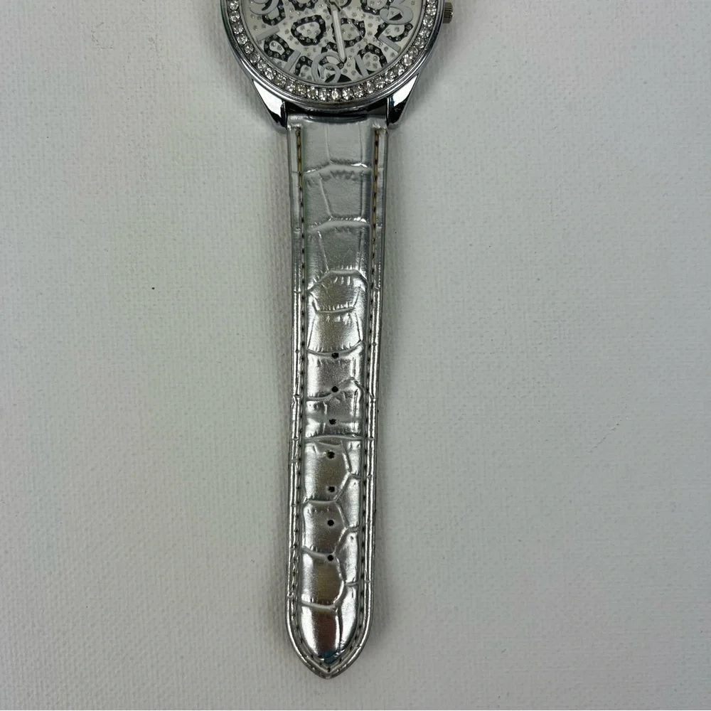 Silver Tone Leopard Print Watch with Rhinestones